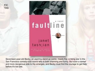 FIC
TAS




 Seventeen-year-old Becky, an aspiring stand-up comic, meets Kip, a rising star in the
 San Francisco comedy-club scene who is both charming and funny. But soon a darker
 and more dangerous side to Kip emerges, and Becky must find the courage to get help
 before it's too late.
 