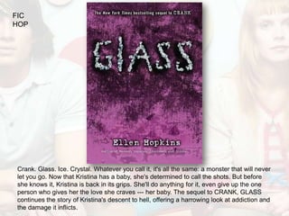 FIC
HOP




Crank. Glass. Ice. Crystal. Whatever you call it, it's all the same: a monster that will never
let you go. Now that Kristina has a baby, she's determined to call the shots. But before
she knows it, Kristina is back in its grips. She'll do anything for it, even give up the one
person who gives her the love she craves --- her baby. The sequel to CRANK, GLASS
continues the story of Kristina's descent to hell, offering a harrowing look at addiction and
the damage it inflicts.
 