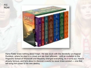 FIC
ROW




Harry Potter knew nothing about magic. He was stuck with the decidedly un-magical
Dursleys, where he slept in a closet and ate their leftovers…until an invitation to the
Hogwarts School of Witchcraft and Wizardry changed everything. As it turns out, Harry's
already famous, and he's about to discover a world he never knew existed --- one that
will bring him closer to his own destiny.
 