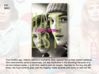 FIC
BRO




Five months ago, Valerie Leftman's boyfriend, Nick, opened fire on their school cafeteria.
She inadvertently saved a classmate, but was implicated in the shootings because of a
list she helped create --- a list Nick used to pick his targets. Haunted by the boy she still
loves, Val must come to grips with the tragedy, make amends and move on with her life.
 