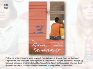 FIC
REI




 Following a life-changing year, in which her dad gets a divorce from her beloved
 stepmother and she loses her stepsister in the process, Harper decides to escape by
 joining a volunteer program to build a house for a family in Tennessee who lost their
 home in a tornado --- even though she knows nothing about construction.
 
