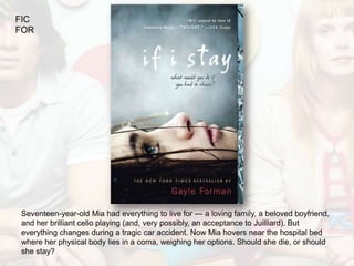 FIC
FOR




Seventeen-year-old Mia had everything to live for --- a loving family, a beloved boyfriend,
and her brilliant cello playing (and, very possibly, an acceptance to Juilliard). But
everything changes during a tragic car accident. Now Mia hovers near the hospital bed
where her physical body lies in a coma, weighing her options. Should she die, or should
she stay?
 
