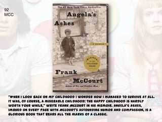 92
MCC




 "When I look back on my childhood I wonder how I managed to survive at all.
 It was, of course, a miserable childhood: the happy childhood is hardly
 worth your while," write Frank McCourt in his memoir. ANGELA'S ASHES,
 imbued on every page with McCourt's astounding humor and compassion, is a
 glorious book that bears all the marks of a classic.
 