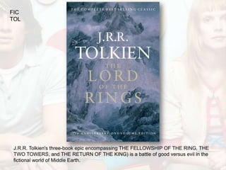 FIC
TOL




 J.R.R. Tolkien's three-book epic encompassing THE FELLOWSHIP OF THE RING, THE
 TWO TOWERS, and THE RETURN OF THE KING) is a battle of good versus evil in the
 fictional world of Middle Earth.
 