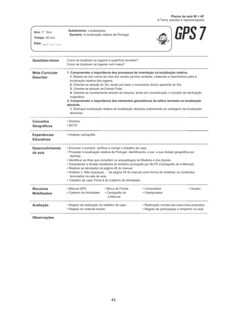 41
Questões-chave Como se localizam os lugares à superfície terrestre?
Como se localizam os lugares num mapa?
Meta Curricular
Descritor
1. Compreender a importância dos processos de orientação na localização relativa.
1. Basear-se nos rumos da rosa dos ventos (pontos cardeais, colaterais e intermédios) para a
localização relativa dos lugares.
2. Orientar-se através do Sol, tendo por base o movimento diurno aparente do Sol.
3. Orientar-se através da Estrela Polar.
4. Orientar-se corretamente através da bússola, tendo em consideração o conceito de declinação
magnética.
2. Compreender a importância dos elementos geométricos da esfera terrestre na localização
absoluta.
1. Distinguir localização relativa de localização absoluta (salientando as vantagens da localização
absoluta).
Conceitos
Geográficos
• Distritos
• NUTS
Experiências
Educativas
• Analisar cartografia
Desenvolvimento
da aula
• Escrever o sumário, verificar e corrigir o trabalho de casa.
• Proceder à localização relativa de Portugal, identificando, a par, a sua divisão geográfica por
distritos.
• Identificar as ilhas que compõem os arquipélagos da Madeira e dos Açores.
• Caracterizar a divisão estatística do território português por NUTS (Cartografia do e-Manual).
• Realizar as atividades da página 48 do manual.
• Analisar o “Não esqueças…” da página 49 do manual como forma de sintetizar os conteúdos
lecionados na sala de aula.
• Trabalho de casa: Ficha 8 do Caderno de Atividades.
Recursos
Mobilizados
• Manual GPS
• Caderno de Atividades
• Bloco de Fichas
• Cartografia do
e-Manual
• Computador
• Videoprojetor
• Quadro
Avaliação • Registo da realização do trabalho de casa
• Registo do material trazido
• Realização correta dos exercícios propostos
• Registo de participação e empenho na aula
Observações
Planos de aula 90 + 45'
A Terra: estudos e representações
Ano: 7.° Ano
Tempo: 45 min
Data: ___- ___- ___
Subdomínio: Localizações
Sumário: A localização relativa de Portugal.
 