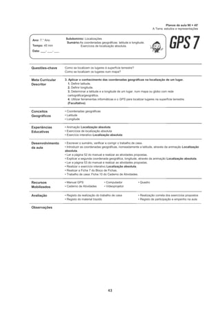 43
Questões-chave Como se localizam os lugares à superfície terrestre?
Como se localizam os lugares num mapa?
Meta Curricular
Descritor
3. Aplicar o conhecimento das coordenadas geográficas na localização de um lugar.
1. Definir latitude.
2. Definir longitude.
3. Determinar a latitude e a longitude de um lugar, num mapa ou globo com rede
cartográfica/geográfica.
4. Utilizar ferramentas informáticas e o GPS para localizar lugares na superfície terrestre.
(Facultativo)
Conceitos
Geográficos
• Coordenadas geográficas
• Latitude
• Longitude
Experiências
Educativas
• Animação Localização absoluta
• Exercícios de localização absoluta
• Exercício interativo Localização absoluta
Desenvolvimento
da aula
• Escrever o sumário, verificar e corrigir o trabalho de casa.
• Introduzir as coordenadas geográficas, nomeadamente a latitude, através da animação Localização
absoluta.
• Ler a página 52 do manual e realizar as atividades propostas.
• Explicar a segunda coordenada geográfica, longitude, através da animação Localização absoluta.
• Ler a página 53 do manual e realizar as atividades propostas.
• Realizar o exercício interativo Localização absoluta.
• Realizar a Ficha 7 do Bloco de Fichas.
• Trabalho de casa: Ficha 10 do Caderno de Atividades.
Recursos
Mobilizados
• Manual GPS
• Caderno de Atividades
• Computador
• Videoprojetor
• Quadro
Avaliação • Registo da realização do trabalho de casa
• Registo do material trazido
• Realização correta dos exercícios propostos
• Registo de participação e empenho na aula
Observações
Planos de aula 90 + 45'
A Terra: estudos e representações
Ano: 7.° Ano
Tempo: 45 min
Data: ___- ___- ___
Subdomínio: Localizações
Sumário:As coordenadas geográficas: latitude e longitude.
Exercícios de localização absoluta.
 