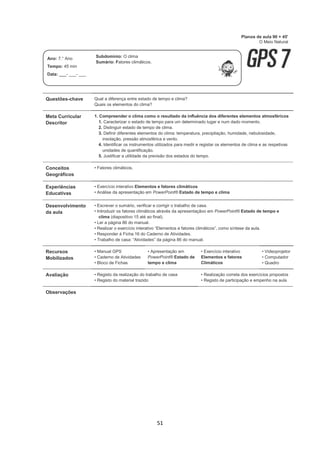 51
Questões-chave Qual a diferença entre estado de tempo e clima?
Quais os elementos do clima?
Meta Curricular
Descritor
1. Compreender o clima como o resultado da influência dos diferentes elementos atmosféricos
1. Caracterizar o estado de tempo para um determinado lugar e num dado momento.
2. Distinguir estado de tempo de clima.
3. Definir diferentes elementos do clima: temperatura, precipitação, humidade, nebulosidade,
insolação, pressão atmosférica e vento.
4. Identificar os instrumentos utilizados para medir e registar os elementos de clima e as respetivas
unidades de quantificação.
5. Justificar a utilidade da previsão dos estados do tempo.
Conceitos
Geográficos
• Fatores climáticos.
Experiências
Educativas
• Exercício interativo Elementos e fatores climáticos
• Análise da apresentação em PowerPoint® Estado de tempo e clima
Desenvolvimento
da aula
• Escrever o sumário, verificar e corrigir o trabalho de casa.
• Introduzir os fatores climáticos através da apresentaçãoo em PowerPoint® Estado de tempo e
clima (diapositivo 15 até ao final).
• Ler a página 86 do manual.
• Realizar o exercício interativo “Elementos e fatores climáticos”, como síntese da aula.
• Responder à Ficha 16 do Caderno de Atividades.
• Trabalho de casa: “Atividades” da página 86 do manual.
Recursos
Mobilizados
• Manual GPS
• Caderno de Atividades
• Bloco de Fichas
• Apresentação em
PowerPoint® Estado de
tempo e clima
• Exercício interativo
Elementos e fatores
Climáticos
• Videoprojetor
• Computador
• Quadro
Avaliação • Registo da realização do trabalho de casa
• Registo do material trazido
• Realização correta dos exercícios propostos
• Registo de participação e empenho na aula
Observações
Planos de aula 90 + 45'
O Meio Natural
Ano: 7.° Ano
Tempo: 45 min
Data: ___- ___- ___
Subdomínio: O clima
Sumário: Fatores climáticos.
 