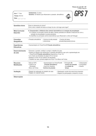 56
Questões-chave Quais os elementos do clima?
Como varia o estado de tempo ao longo do ano e de lugar para lugar?
Meta Curricular
Descritor
9. Compreender a influência dos centros barométricos na variação da precipitação
5. Localizar os principais centros de altas e baixas pressões em latitude e relacioná-los com a
variação da precipitação à escala planetária.
6. Identificar os principais centros barométricos que influenciam o clima de Portugal.
Conceitos
Geográficos
• Pressão atmosférica • Centros de alta pressão
/ anticiclones
• Centros de baixa
pressão/depressão/ciclones
Experiências
Educativas
• Apresentação em PowerPoint® Pressão atmosférica
Desenvolvimento
da aula
• Escrever o sumário, verificar e corrigir o trabalho de casa.
• Explicar os fatores que influenciam a pressão atmosférica a par com a apresentação em
PowerPoint® Pressão atmosférica (diapositivos 10 ao 13).
• Ler e fazer as atividades da página 97 do manual.
• Realizar a Ficha 18 do Caderno de Atividades.
• Trabalho de casa: primeira página da Ficha 13 do Bloco de Fichas.
Recursos
Mobilizados
• Manual GPS
• Caderno de
Atividades
• Bloco de Fichas
• Apresentação em PowerPoint®
Pressão atmosférica
• Exercício interativo
Centros de pressão
• Animação Os
centros de pressão
e o estado de
tempo
• Videoprojetor
• Computador
• Quadro
Avaliação • Registo da realização do trabalho de casa
• Registo do material trazido
• Realização correta dos exercícios propostos
• Registo de participação e empenho na aula
Observações
Planos de aula 90 + 45'
O Meio Natural
Ano: 7.° Ano
Tempo: 90 min
Data: ___- ___- ___
Subdomínio: O clima
Sumário: Os fatores que influenciam a pressão atmosférica.
 