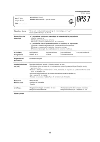 59
Questões-chave Como varia o estado de tempo ao longo do ano e de lugar para lugar?
Quais os diferentes tipos de chuva?
Meta Curricular
Descritor
10. Compreender a influência das massas de ar na variação da precipitação
1. Definir massa de ar.
2. Distinguir superfície frontal de frente.
3. Explicar o processo de formação das chuvas frontais.
11. Compreender a ação de fatores regionais na ocorrência de precipitação
1. Explicar o processo de formação das chuvas de relevo ou orográficas.
2. Explicar o processo de formação das chuvas convectivas.
3. Relacionar a variação da precipitação com as correntes marítimas.
Conceitos
Geográficos
• Precipitação
• Massa de ar
• Superfície frontal
• Frente
• Chuvas frontais
• Chuvas orográficas
• Chuvas convectivas
Experiências
Educativas
• Análise de imagens
Desenvolvimento
da aula
• Escrever o sumário, verificar e corrigir o trabalho de casa.
• Introduzir a noção de massa de ar, explicando que podem ter características diferentes, sendo
quentes ou frias.
• Explicar e distinguir superfície frontal e frente, realizando um esquema no quadro semelhante ao da
figura 35 da página 101.
• Introduzir os diferentes tipos de chuvas, explicando a formação de cada um.
• Ler a página 101 do manual.
• Realizar os exercícios 1 e 2 da Ficha 20 do Caderno de Atividades.
Recursos
Mobilizados
• Manual GPS
• Caderno de Atividades
• Quadro
Avaliação • Registo da realização do trabalho de casa
• Registo do material trazido
• Realização correta dos exercícios propostos
• Registo de participação e empenho na aula
Observações
Planos de aula 90 + 45'
O Meio Natural
Ano: 7.° Ano
Tempo: 45 min
Data: ___- ___- ___
Subdomínio: O clima
Sumário: Massas de ar e tipos de chuvas.
 