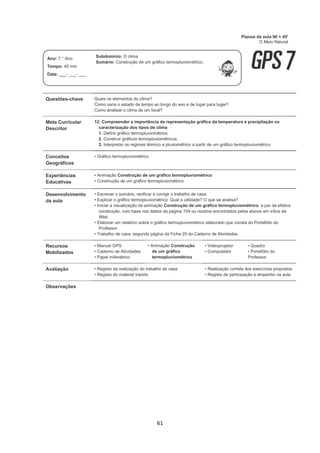 61
Questões-chave Quais os elementos do clima?
Como varia o estado de tempo ao longo do ano e de lugar para lugar?
Como analisar o clima de um local?
Meta Curricular
Descritor
12. Compreender a importância da representação gráfica da temperatura e precipitação na
caracterização dos tipos de clima
1. Definir gráfico termopluviométrico.
2. Construir gráficos termopluviométricos.
3. Interpretar os regimes térmico e pluviométrico a partir de um gráfico termopluviométrico.
Conceitos
Geográficos
• Gráfico termopluviométrico
Experiências
Educativas
• Animação Construção de um gráfico termopluviométrico
• Construção de um gráfico termopluviométrico
Desenvolvimento
da aula
• Escrever o sumário, verificar e corrigir o trabalho de casa.
• Explicar o gráfico termopluviométrico: Qual a utilidade? O que se analisa?
• Iniciar a visualização da animação Construção de um gráfico termopluviométrico, a par da efetiva
construção, com base nos dados da página 104 ou noutros encontrados pelos alunos em sítios da
Web.
• Elaborar um relatório sobre o gráfico termopluviométrico elaborado que consta do Portefólio do
Professor.
• Trabalho de casa: segunda página da Ficha 20 do Caderno de Atividades.
Recursos
Mobilizados
• Manual GPS
• Caderno de Atividades
• Papel milimétrico
• Animação Construção
de um gráfico
termopluviométrico
• Videoprojetor
• Computador
• Quadro
• Portefólio do
Professor
Avaliação • Registo da realização do trabalho de casa
• Registo do material trazido
• Realização correta dos exercícios propostos
• Registo de participação e empenho na aula
Observações
Planos de aula 90 + 45'
O Meio Natural
Ano: 7.° Ano
Tempo: 45 min
Data: ___- ___- ___
Subdomínio: O clima
Sumário: Construção de um gráfico termopluviométrico.
 