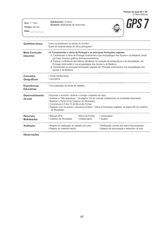 67
Questões-chave Como se distribuem os climas do mundo?
Quais as características do clima português?
Meta Curricular
Descritor
14. Compreender o clima de Portugal e as principais formações vegetais
1. Caracterizar o clima de Portugal continental e dos arquipélagos dos Açores e da Madeira, tendo
por base diversos gráficos termopluviométricos.
2. Explicar a influência dos fatores climáticos na variação da temperatura e da precipitação, em
Portugal continental e nos arquipélagos dos Açores e da Madeira.
3. Caracterizar as principais formações vegetais em Portugal continental e nos arquipélagos dos
Açores e da Madeira.
Conceitos
Geográficos
• Clima mediterrâneo
• Laurissilva
Experiências
Educativas
• Concretização de fichas de trabalho
Desenvolvimento
da aula
• Escrever o sumário, verificar e corrigir o trabalho de casa.
• Analisar o “Não esqueças...” da página 124 do manual, sintetizando os conteúdos lecionados.
• Realizar a Ficha 24 do Caderno de Atividades
• Concretizar a Ficha 15 do Bloco de Fichas.
• Explorar com os alunos o esquema síntese – Clima e formações vegetais, da página 65 do Caderno
de Atividades.
Recursos
Mobilizados
• Manual GPS
• Caderno de Atividades
• Bloco de Fichas
• Videoprojetor
• Computador
• Quadro
Avaliação • Registo da realização do trabalho de casa
• Registo do material trazido
• Realização correta dos exercícios propostos
• Registo de participação e empenho na aula
Observações
Planos de aula 90 + 45'
O Meio Natural
Ano: 7.° Ano
Tempo: 45 min
Data: ___- ___- ___
Subdomínio: O clima
Sumário: Realização de exercícios.
 