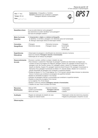 32
Questões-chave O que se pode observar numa paisagem?
Que elementos se podem identificar numa paisagem?
Que tipos de paisagem existem?
Meta Curricular
Descritor
1. Compreender o objeto e o método da Geografia.
3. Identificar, no território, paisagens com diferentes graus de humanização.
6. Distinguir observação direta de observação indireta.
Conceitos
Geográficos
• Paisagem
 • Elementos naturais
• Elementos humanos
 • Paisagem natural
• Paisagem
humanizada
 • Grau de
humanização

Experiências
Educativas
• Observação de paisagens e identificação dos elementos naturais e humanos
• Exercício interativo Paisagens naturais e humanizadas
• Elaboração de um esboço da paisagem
Desenvolvimento
da aula
• Escrever o sumário, verificar e corrigir o trabalho de casa.
• Para introduzir o subdomínio “Descrição da paisagem” poderão ser observadas as imagens que
constam do banco de imagens do e-Manual: paisagem natural (10), paisagem de Nova Iorque (11),
paisagem rural, ilha Terceira, Açores (12), paisagem urbana, Lisboa (13), paisagem natural do
deserto do Namibe, Angola (14), paisagem natural de Grand Canyon (15), paisagem humanizada na
Alemanha (16) e paisagem humanizada em Miami (17). Através destas, debater com os alunos a
grande diversidade de paisagens que constituem a superfície terrestre.
• Analisar as figuras 12, 13 e 14 das páginas 16 e 17 do manual e através delas introduzir os elementos
físicos e humanos que constituem as paisagens da superfície terrestre.
• Realizar as atividades da página 17 do manual.
• Distinguir as paisagens naturais e humanizadas que constituem a superfície terrestre.
• Realizar os exercícios da página 18 do manual.
• Ler as páginas 18 e 19 do manual.
• Realizar o exercício interativo Paisagens naturais e humanizadas.
• Trabalho de casa: Ficha 2 do Bloco de Fichas.
Recursos
Mobilizados
• Manual GPS
• Caderno de Atividades
• Bloco de Fichas
• Exercício interativo
Paisagens naturais
e humanizadas
• Computador
• Videoprojetor
• Quadro
Avaliação • Registo da realização do trabalho de casa
• Registo do material trazido
• Realização correta dos exercícios propostos
• Registo de participação e empenho na aula
Observações
Planos de aula 90 + 45'
A Terra: estudos e representações
Ano: 7.° Ano
Tempo: 90 min
Data: ___- ___- ___
Subdomínio: A Geografia e o Território
Sumário: Elementos que constituem a paisagem.
Paisagens naturais e humanizadas.
 