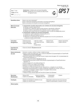 74
Questões-chave Quais os rios mais importantes?
Quais os elementos topográficos associados a uma bacia hidrográfica?
Quais os processos de evolução de uma bacia hidrográfica?
Meta Curricular
Descritor
1. Compreender conceitos relacionados com a dinâmica de uma bacia hidrográfica
2. Distinguir caudal de regime fluvial.
3. Caracterizar os diferentes regimes fluviais (perenes, intermitentes e efémeros).
4. Explicar os fatores responsáveis pelos diferentes caudais e regimes fluviais.
5. Distinguir leito normal de leito de inundação/leito maior e de leito de estiagem/leito menor.
2. Compreender a dinâmica de uma bacia hidrográfica
1. Caracterizar o perfil longitudinal e transversal de um rio.
2. Identificar as diferentes secções de um rio.
3. Relacionar as características das diferentes secções de um rio com os processos de
erosão/acumulação predominantes.
Conceitos
Geográficos
• Perfil transversal
• Perfil longitudinal
• Vale em V fechado
• Vale em V aberto
• Vale aberto de fundo
plano
• Erosão fluvial
• Regime fluvial
• Regime perene
• Regime intermitente
• Regime efémero
Experiências
Educativas
• Exercício interativo Secções de um rio
Desenvolvimento
da aula
• Escrever o sumário, verificar e corrigir o trabalho de casa.
• Explicar a noção de erosão fluvial, com o auxílio do diapositivo 6 da apresentação em PowerPoint®
Dinâmica de uma bacia hidrográfica.
• Associar as secções de um rio ao tipo de vale e à ação erosiva da página 150, na apresentação em
PowerPoint® (diapositivo 7).
• Realizar o exercício interativo Secções de um rio.
• Caracterização das formas de relevo fluvial através da apresentação em PowerPoint® até ao
diapositivo 14.
• Leitura da página 151 e da análise da figura 10.
• Concluir a Ficha 27 do Caderno de Atividades.
• Distinguir as noções de regime fluvial e caudal.
• Caracterizar os diferentes regimes fluviais, associando-os, a estações do ano distintas.
• Representar esquematicamente no quadro as diferentes ocupações de um leito: normal, de
inundação e de estiagem. Analisar a figura 12 da página 152 do manual.
• Leitura da página 152 do manual.
• Trabalho de casa: primeira página da Ficha 28 do Caderno de Atividades.
Recursos
Mobilizados
• Manual GPS
• Caderno de Atividades
• Exercício interativo
Secções de um rio
• Videoprojetor
• Computador
• Quadro
Avaliação • Registo da realização do trabalho de casa
• Registo do material trazido
• Realização correta dos exercícios propostos
• Registo de participação e empenho na aula
Observações
Planos de aula 90 + 45'
O Meio Natural
Ano: 7.° Ano
Tempo: 90 min
Data: ___- ___- ___
Subdomínio: A dinâmica de uma bacia hidrográfica
Sumário: Secções de um rio e formas de relevo fluvial.
Os regimes fluviais.
 
