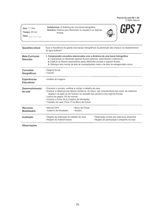 75
Questões-chave Qual a importância da gestão das bacias hidrográficas na prevenção das cheias e no abastecimento
de água potável?
Meta Curricular
Descritor
1. Compreender conceitos relacionados com a dinâmica de uma bacia hidrográfica
3. Caracterizar os diferentes regimes fluviais (perenes, intermitentes e efémeros).
4. Explicar os fatores responsáveis pelos diferentes caudais e regimes fluviais.
5. Distinguir leito normal de leito de inundação/leito maior e de leito de estiagem/leito menor.
Conceitos
Geográficos
• Regime fluvial
• Caudal
Experiências
Educativas
• Análise de imagens
Desenvolvimento
da aula
• Escrever o sumário, verificar e corrigir o trabalho de casa.
• Explicar a influência dos fatores climáticos, do relevo, das características dos solos, da cobertura
vegetal e da ação do ser humano na variação dos caudais e dos regimes fluviais.
• Leitura da página 153 do manual.
• Concluir a Ficha 28 do Caderno de Atividades.
• Trabalho de casa: Ficha 17 do Bloco de Fichas.
Recursos
Mobilizados
• Manual GPS
• Caderno de Atividades
• Bloco de Fichas
• Quadro
Avaliação • Registo da realização do trabalho de casa
• Registo do material trazido
• Realização correta dos exercícios propostos
• Registo de participação e empenho na aula
Observações
Planos de aula 90 + 45'
O Meio Natural
Ano: 7.° Ano
Tempo: 45 min
Data: ___- ___- ___
Subdomínio: A dinâmica de uma bacia hidrográfica
Sumário: Fatores que influenciam os caudais e os regimes
fluviais.
 