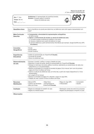 36
Questões-chave Qual a importância da escala para determinar as distâncias reais entre lugares representados num
mapa?
Meta Curricular
Descritor
4. Compreender a diversidade de representações cartográficas.
2. Definir escala.
5. Aplicar o conhecimento de escalas no cálculo de distâncias reais.
1. Converter escalas numéricas em gráficas e vice-versa.
2. Calcular a distância real a partir da distância no mapa.
3. Calcular distâncias a partir de ferramentas informáticas (por exemplo, Google Earth®) e/ou GPS.
(Facultativo)
Conceitos
Geográficos
• Escala
• Escala gráfica
• Escala numérica
Experiências
Educativas
• Análise da apresentação em PowerPoint® Escalas
• Conversão de escalas
• Cálculo de distâncias reais
Desenvolvimento
da aula
• Escrever o sumário, verificar e corrigir o trabalho de casa.
• Relembrar a noção de escala, através da apresentação em PowerPoint® Escalas.
• Distinguir os dois tipos de escala: gráfica e numérica, salientando as características de cada uma
(diapositivos 2 e 3 da apresentação).
• Realizar as atividades de conversão de escalas da página 34 do manual, bem como da primeira
página da Ficha 4 do Bloco de Fichas.
• Explicar os cálculos de distâncias reais, em linha reta, a partir dos mapas (diapositivos 5 a 10 da
apresentação).
• Ler a página 35 do manual.
• Realizar as atividades da página 35, utilizando a régua do Jogo GPS.
• Trabalho de casa: concluir a Ficha 4 do Bloco de Fichas.
Recursos
Mobilizados
• Manual GPS
• Caderno de Atividades
• Bloco de Fichas
• Mapa físico
• Apresentação em
PowerPoint® Escalas
• Régua do Jogo GPS
• Videoprojetor
• Computador
• Quadro
Avaliação • Registo da realização do trabalho de casa
• Registo do material trazido
• Realização correta dos exercícios propostos
• Registo de participação e empenho na aula
Observações
Planos de aula 90 + 45'
A Terra: estudos e representações
Ano: 7.° Ano
Tempo: 90 min
Data: ___- ___- ___
Subdomínio: A representação da superfície terrestre
Sumário: A escala: gráfica e numérica.
Cálculo de distâncias reais.
 