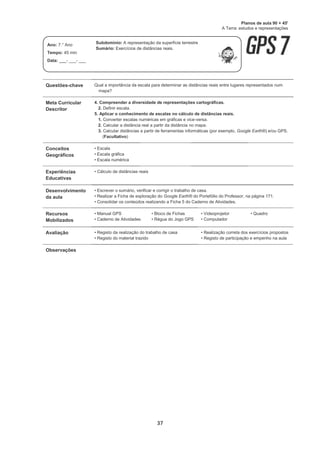 37
Questões-chave Qual a importância da escala para determinar as distâncias reais entre lugares representados num
mapa?
Meta Curricular
Descritor
4. Compreender a diversidade de representações cartográficas.
2. Definir escala.
5. Aplicar o conhecimento de escalas no cálculo de distâncias reais.
1. Converter escalas numéricas em gráficas e vice-versa.
2. Calcular a distância real a partir da distância no mapa.
3. Calcular distâncias a partir de ferramentas informáticas (por exemplo, Google Earth®) e/ou GPS.
(Facultativo)
Conceitos
Geográficos
• Escala
• Escala gráfica
• Escala numérica
Experiências
Educativas
• Cálculo de distâncias reais
Desenvolvimento
da aula
• Escrever o sumário, verificar e corrigir o trabalho de casa.
• Realizar a Ficha de exploração do Google Earth® do Portefólio do Professor, na página 171.
• Consolidar os conteúdos realizando a Ficha 5 do Caderno de Atividades.
Recursos
Mobilizados
• Manual GPS
• Caderno de Atividades
• Bloco de Fichas
• Régua do Jogo GPS
• Videoprojetor
• Computador
• Quadro
Avaliação • Registo da realização do trabalho de casa
• Registo do material trazido
• Realização correta dos exercícios propostos
• Registo de participação e empenho na aula
Observações
Planos de aula 90 + 45'
A Terra: estudos e representações
Ano: 7.° Ano
Tempo: 45 min
Data: ___- ___- ___
Subdomínio: A representação da superfície terrestre
Sumário: Exercícios de distâncias reais.
 