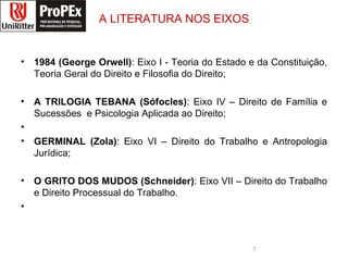 A LITERATURA NOS EIXOS 1984 (George Orwell) : Eixo I - Teoria do Estado e da Constituição, Teoria Geral do Direito e Filosofia do Direito; A TRILOGIA TEBANA (Sófocles) : Eixo IV – Direito de Família e Sucessões  e Psicologia Aplicada ao Direito; GERMINAL (Zola) : Eixo VI – Direito do Trabalho e Antropologia Jurídica; O GRITO DOS MUDOS (Schneider) : Eixo VII – Direito do Trabalho e Direito Processual do Trabalho. direito logopropex.jpg 