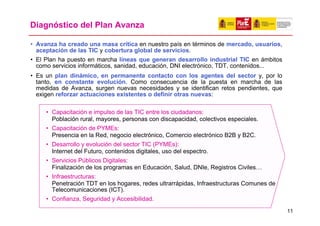 Diagnóstico del Plan Avanza

• Avanza ha creado una masa crítica en nuestro país en términos de mercado, usuarios,
  aceptación de las TIC y cobertura global de servicios.
• El Plan ha puesto en marcha líneas que generan desarrollo industrial TIC en ámbitos
  como servicios informáticos, sanidad, educación, DNI electrónico, TDT, contenidos...
• Es un plan dinámico, en permanente contacto con los agentes del sector y, por lo
  tanto, en constante evolución. Como consecuencia de la puesta en marcha de las
  medidas de Avanza, surgen nuevas necesidades y se identifican retos pendientes, que
  exigen reforzar actuaciones existentes o definir otras nuevas:

     • Capacitación e impulso de las TIC entre los ciudadanos:
       Población rural, mayores, personas con discapacidad, colectivos especiales.
     • Capacitación de PYMEs:
       Presencia en la Red, negocio electrónico, Comercio electrónico B2B y B2C.
     • Desarrollo y evolución del sector TIC (PYMEs):
       Internet del Futuro, contenidos digitales, uso del espectro.
     • Servicios Públicos Digitales:
       Finalización de los programas en Educación, Salud, DNIe, Registros Civiles…
     • Infraestructuras:
       Penetración TDT en los hogares, redes ultrarrápidas, Infraestructuras Comunes de
       Telecomunicaciones (ICT).
     • Confianza, Seguridad y Accesibilidad.
                                                                                          11
 