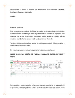 personalizarla y añadir o eliminar las herramientas que queramos: Guardar,
Deshacer, Rehacer, Ortografía,
Nuevo…
Cinta de opciones
Está formada por un conjunto de fichas, las cuales tienen las distintas herramientas
que necesitamos para trabajar con la hoja de cálculo. Cada ficha es específica y se
relaciona con un tipo de actividad, elemento o acción, y algunas de ellas solo se
muestran cuando hemos seleccionado un determinado elemento.
También podemos personalizar la cinta de opciones agregando fichas o grupos, y
cambiando su nombre u orden.
De manera predeterminada, el programa tiene las siguientes fichas:
INICIO, INSERTAR, DISEÑO DE PÁGINA, FÓRMULAS, DATOS, REVISAR Y
VISTA.
Para acceder a cada una de las fichas, solo tenemos que pinchar en la pestaña. O
si queremos, también podemos utilizar los métodos abreviados del teclado. Para
 