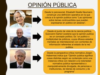 OPINIÓN PÚBLICA
Desde lo psicosocial, Elisabeth Noelle Neumann
construye una definición operativa en la que
coloca a la opinión publica como “Las opiniones
sobre temas controvertidos que pueden
expresarse en público sin aislarse”.
Desde el punto de vista de la ciencia política,
Guiovanni Sartori sostiene que la opinión publica
es un concepto político. Es “un publico o
multiplicidad de públicos, cuyos difusos estados
mentales se interrelacionan con corrientes de
información referentes al estado de la red
publica.
Desde la perspectiva crítica normativa Jürgen
Habermas indica que “Opinión publica significa
cosas distintas según se contemple como una
instancia critica con relación a la notoriedad
normativa publica representativa o
manipulativamente divulgada, de personas e
instituciones, de bienes de consumo y de
programa”
 