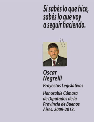 Oscar
Negrelli
ProyectosLegislativos
HonorableCámara
deDiputadosdela
ProvinciadeBuenos
Aires.2009-2013.
Sisabésloquehice,
sabésloquevoy
aseguirhaciendo.
 