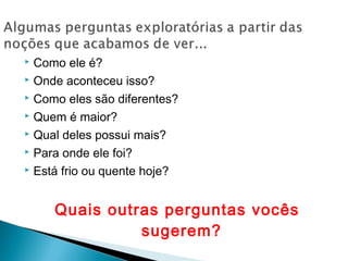  Como ele é? 
 Onde aconteceu isso? 
 Como eles são diferentes? 
 Quem é maior? 
 Qual deles possui mais? 
 Para onde ele foi? 
 Está frio ou quente hoje? 
Quais outras perguntas vocês 
sugerem? 
 