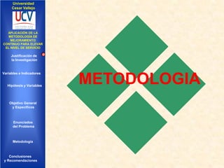 Universidad
Cesar Vallejo

IMPLEMENTACIÓN DE UNA
APLICACIÓN DE LA
INFRAESTRUCTURA DE
METODOLOGÍA DE
SERVICIOS DE RED
MEJORAMIENTO
INTEGRADOS
CONTINUO PARA ELEVAR
EL NIVEL DE SERVICIO

Justificación de
la Investigación

Variables e Indicadores

Hipótesis y Variables

Objetivo General
y Especificos

Enunciados
del Problema
Diseño Contratación
Indicadores Contratación

Metodología

Conclusiones
y Recomendaciones

METODOLOGIA

 