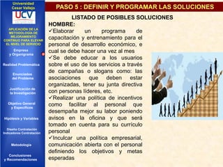Universidad
Cesar Vallejo

APLICACIÓN DE LA
METODOLOGÍA DE
MEJORAMIENTO
CONTINUO PARA ELEVAR
EL NIVEL DE SERVICIO

Empresa
y Organigrama
Realidad Problemática
Enunciados
del Problema
Justificación de
la Investigación
Objetivo General
y Especificos
Hipótesis y Variables
Diseño Contratación
Indicadores Contratación

Metodología
Conclusiones
y Recomendaciones

PASO 5 : DEFINIR Y PROGRAMAR LAS SOLUCIONES
LISTADO DE POSIBLES SOLUCIONES
HOMBRE:
Elaborar
un
programa
de
capacitación y entrenamiento para el
personal de desarrollo económico, e
cual se debe hacer una vez al mes
Se debe educar a los usuarios
sobre el uso de los servicios a través
de campañas o slogans como: las
asociaciones que deben estar
organizadas, tener su junta directiva
con personas líderes, etc.
Realizar una política de incentivos
como facilitar al personal que
desempaña mejor su labor poniendo
avisos en la oficina y que será
tomado en cuenta para su currículo
personal
Inculcar una política empresarial,
comunicación abierta con el personal
definiendo los objetivos y metas
esperadas

 