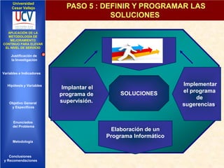 Universidad
Cesar Vallejo

PASO 5 : DEFINIR Y PROGRAMAR LAS
SOLUCIONES

APLICACIÓN DE LA
IMPLEMENTACIÓN DE UNA
APLICACIÓN DE DE
METODOLOGÍA LA
INFRAESTRUCTURA DE
METODOLOGÍA DE
MEJORAMIENTO
SERVICIOS DE RED
MEJORAMIENTO
CONTINUO PARA ELEVAR
INTEGRADOS
CONTINUO PARA ELEVAR
EL NIVEL DE SERVICIO
EL NIVEL DE SERVICIO

Justificación de
la Investigación

Variables e Indicadores

Hipótesis y Variables

Objetivo General
y Especificos

Enunciados
del Problema
Diseño Contratación
Indicadores Contratación

Metodología

Conclusiones
y Recomendaciones

Implantar el
programa de
supervisión.

SOLUCIONES

Elaboración de un
Programa Informático

Implementar
el programa
de
sugerencias.

 