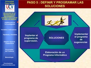 Universidad
Cesar Vallejo

PASO 5 : DEFINIR Y PROGRAMAR LAS
SOLUCIONES

IMPLEMENTACIÓN DE UNA
APLICACIÓN DE LA
INFRAESTRUCTURA DE
METODOLOGÍA DE
SERVICIOS DE RED
MEJORAMIENTO
INTEGRADOS
CONTINUO PARA ELEVAR
EL NIVEL DE SERVICIO

Justificación de
la Investigación

Variables e Indicadores

Hipótesis y Variables

Objetivo General
y Especificos

Enunciados
del Problema
Diseño Contratación
Indicadores Contratación

Metodología

Conclusiones
y Recomendaciones

Implantar el
programa de
supervisión.

SOLUCIONES

Elaboración de un
Programa Informático

Implementar
el programa
de
sugerencias.

 