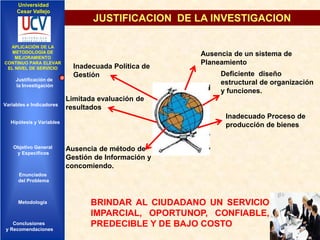 Universidad
Cesar Vallejo

IMPLEMENTACIÓN DE UNA
APLICACIÓN DE LA
INFRAESTRUCTURA DE
METODOLOGÍA DE
SERVICIOS DE RED
MEJORAMIENTO
INTEGRADOS
CONTINUO PARA ELEVAR
EL NIVEL DE SERVICIO

Justificación de
la Investigación

Variables e Indicadores

JUSTIFICACION DE LA INVESTIGACION

Inadecuada Política de
Gestión

Deficiente diseño
estructural de organización
y funciones.

Limitada evaluación de
resultados
Inadecuado Proceso de
producción de bienes

Hipótesis y Variables

Objetivo General
y Especificos

Ausencia de un sistema de
Planeamiento

Ausencia de método de
Gestión de Información y
concomiendo.

Enunciados
del Problema
Diseño Contratación
Indicadores Contratación

Metodología

Conclusiones
y Recomendaciones

BRINDAR AL CIUDADANO UN SERVICIO
IMPARCIAL, OPORTUNOP, CONFIABLE,
PREDECIBLE Y DE BAJO COSTO

 