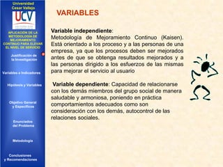Universidad
Cesar Vallejo

VARIABLES
IMPLEMENTACIÓN DE UNA
APLICACIÓN DE LA
INFRAESTRUCTURA DE
METODOLOGÍA DE
SERVICIOS DE RED
MEJORAMIENTO
INTEGRADOS
CONTINUO PARA ELEVAR
EL NIVEL DE SERVICIO

Justificación de
la Investigación

Variables e Indicadores

Hipótesis y Variables

Objetivo General
y Especificos

Enunciados
del Problema
Diseño Contratación
Indicadores Contratación

Metodología

Conclusiones
y Recomendaciones

Variable independiente:
Metodología de Mejoramiento Continuo (Kaisen).
Está orientado a los proceso y a las personas de una
empresa, ya que los procesos deben ser mejorados
antes de que se obtenga resultados mejorados y a
las personas dirigido a los esfuerzos de las mismas
para mejorar el servicio al usuario
Variable dependiente: Capacidad de relacionarse
con los demás miembros del grupo social de manera
saludable y armoniosa, poniendo en práctica
comportamientos adecuados como son
consideración con los demás, autocontrol de las
relaciones sociales.

 