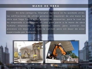 M A N O D E O B R A
E n e s t a c a t e g o r í a , S h a n g h á i t a m p o c o s e h a q u e d a d o a t r á s ,
l a s e d i f i c a c i o n e s d e u l t i m a g e n e r a c i ó n r e q u i e r e n d e u n a m a n o d e
o b r a q u e h a g a f r e n t e a l a s e x i g e n c i a s n e c e s a r i a s , p a r a l a c u a l s e
h a e m p e z a d o a r e e m p l a z a r e n u n a g r a n p a r t e a l a m a n o d e o b r a
h u m a n a e m p e z a n d o a i m p l e m e n t a r r o b o t s p a r a a c e l e r a r l o s
p r o c e s o s s i n d e j a r a u n l a d o l a c a l i d a d , p e r o s i n d e j a r d e e s t a r
s u p e r v i s a d a p o r h u m a n o s .
 