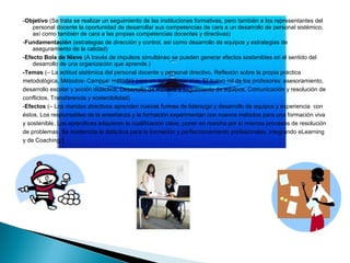 -Objetivo (Se trata se realizar un seguimiento de las instituciones formativas, pero también a los representantes del 
    personal docente la oportunidad de desarrollar sus competencias de cara a un desarrollo de personal sistémico, 
    así como también de cara a las propias competencias docentes y directivas)
-Fundamentación (estrategias de dirección y control, así como desarrollo de equipos y estrategias de 
    aseguramiento de la calidad)
-Efecto Bola de Nieve (A través de impulsos simultáneo se pueden generar efectos sostenibles en el sentido del 
    desarrollo de una organización que aprende.)
-Temas (– La actitud sistémica del personal docente y personal directivo, Reflexión sobre la propia práctica 
metodológica, Métodos- Campus: métodos para un aprendizaje vivo, El nuevo rol de los profesores: asesoramiento, 
desarrollo escolar y acción didáctica, Desarrollo de equipos y seguimiento de equipos, Comunicación y resolución de 
conflictos, Transferencia y sostenibilidad)
-Efectos (– Los mandos directivos aprenden nuevas formas de liderazgo y desarrollo de equipos y experiencia  con 
éstos, Los responsables de la enseñanza y la formación experimentan con nuevos métodos para una formación viva 
y sostenible, Los aprendices adquieren la cualificación clave, poner en marcha por sí mismos procesos de resolución 
de problemas, Se moderniza la didáctica para la formación y perfeccionamiento profesionales, integrando eLearning 
y de Coaching.)
 