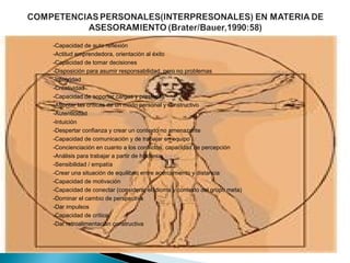 -Capacidad de auto reflexión
-Actitud emprendedora, orientación al éxito
-Capacidad de tomar decisiones
-Disposición para asumir responsabilidad, pero no problemas
-Integridad
-Creatividad
-Capacidad de soportar cargas y presiones
-Afrontar las críticas de un modo personal y constructivo
-Autenticidad
-Intuición
-Despertar confianza y crear un contexto no amenazante
-Capacidad de comunicación y de trabajar en equipo
-Concienciación en cuanto a los conflictos, capacidad de percepción 
-Análisis para trabajar a partir de hipótesis
-Sensibilidad / empatía
-Crear una situación de equilibrio entre acercamiento y distancia
-Capacidad de motivación
-Capacidad de conectar (considerar el idioma y contexto del grupo meta)
-Dominar el cambio de perspectiva
-Dar impulsos
-Capacidad de crítica
-Dar retroalimentación constructiva
 
