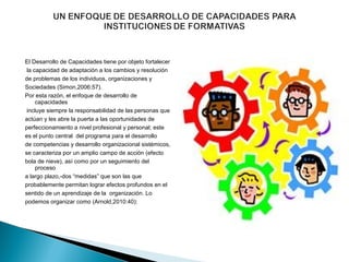 El Desarrollo de Capacidades tiene por objeto fortalecer
 la capacidad de adaptación a los cambios y resolución 
de problemas de los individuos, organizaciones y 
Sociedades (Simon,2006:57).
Por esta razón, el enfoque de desarrollo de 
     capacidades
 incluye siempre la responsabilidad de las personas que 
actúan y les abre la puerta a las oportunidades de 
perfeccionamiento a nivel profesional y personal; este 
es el punto central  del programa para el desarrollo 
de competencias y desarrollo organizacional sistémicos,
se caracteriza por un amplio campo de acción (efecto 
bola de nieve), así como por un seguimiento del 
     proceso 
a largo plazo,-dos “medidas” que son las que 
probablemente permitan lograr efectos profundos en el 
sentido de un aprendizaje de la  organización. Lo 
podemos organizar como (Arnold,2010:40):
 