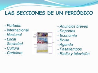 LAS SECCIONES DE UN PERIÓDICO

- Portada:        - Anuncios breves
- Internacional   - Deportes
- Nacional        - Economía
- Local           - Bolsa
- Sociedad        - Agenda
- Cultura         - Pasatiempos
- Cartelera       - Radio y televisión
 