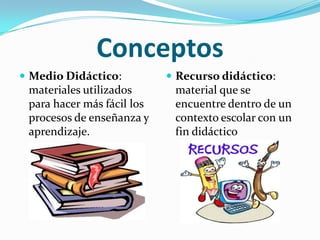 Conceptos
 Medio Didáctico:           Recurso didáctico:
 materiales utilizados       material que se
 para hacer más fácil los    encuentre dentro de un
 procesos de enseñanza y     contexto escolar con un
 aprendizaje.                fin didáctico
 