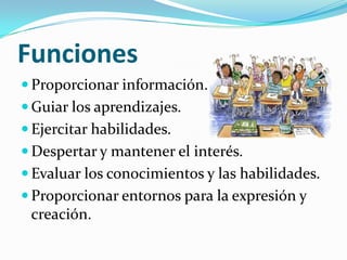 Funciones
 Proporcionar información.
 Guiar los aprendizajes.
 Ejercitar habilidades.
 Despertar y mantener el interés.
 Evaluar los conocimientos y las habilidades.
 Proporcionar entornos para la expresión y
 creación.
 
