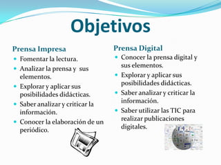 Objetivos
Prensa Impresa                   Prensa Digital
 Fomentar la lectura.            Conocer la prensa digital y
 Analizar la prensa y sus
                                   sus elementos.
  elementos.                      Explorar y aplicar sus
 Explorar y aplicar sus
                                   posibilidades didácticas.
  posibilidades didácticas.       Saber analizar y criticar la
 Saber analizar y criticar la
                                   información.
  información.                    Saber utilizar las TIC para
 Conocer la elaboración de un
                                   realizar publicaciones
  periódico.                       digitales.
 