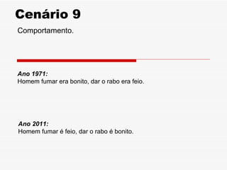 Cenário 9
Comportamento.




Ano 1971:
Homem fumar era bonito, dar o rabo era feio.




Ano 2011:
Homem fumar é feio, dar o rabo é bonito.
 