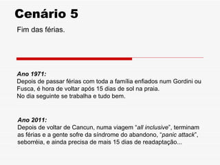 Cenário 5
Fim das férias.




Ano 1971:
Depois de passar férias com toda a família enfiados num Gordini ou
Fusca, é hora de voltar após 15 dias de sol na praia.
No dia seguinte se trabalha e tudo bem.


Ano 2011:
Depois de voltar de Cancun, numa viagem “all inclusive”, terminam
as férias e a gente sofre da síndrome do abandono, “panic attack”,
seborréia, e ainda precisa de mais 15 dias de readaptação...
 