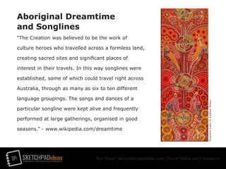 SPi SKETCHPADideasmarketing for creative and social entrepreneurs
Dev Singh | dev@sketchpadideas.com | Social Media and Community
Aboriginal Dreamtime
and Songlines
“The Creation was believed to be the work of
culture heroes who travelled across a formless land,
creating sacred sites and significant places of
interest in their travels. In this way songlines were
established, some of which could travel right across
Australia, through as many as six to ten different
language groupings. The songs and dances of a
particular songline were kept alive and frequently
performed at large gatherings, organised in good
seasons.” - www.wikipedia.com/dreamtime
DreamtimeLadiesbyKathleenWallace
 