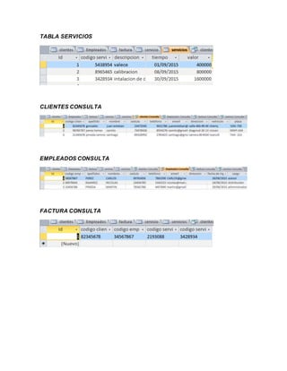 TABLA SERVICIOS
CLIENTES CONSULTA
EMPLEADOS CONSULTA
FACTURA CONSULTA
 