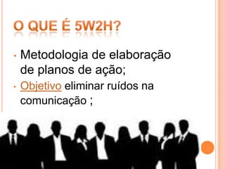 •   Metodologia de elaboração
    de planos de ação;
•   Objetivo eliminar ruídos na
    comunicação ;
•    Gerar melhor qualidade na
    execução de tarefas;
 