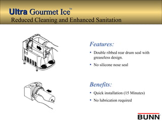 UltraUltra Gourmet IceGourmet Ice
TM
Features:
• Double ribbed rear drum seal with
greaseless design.
• No silicone nose seal
Benefits:
• Quick installation (15 Minutes)
• No lubrication required
Reduced Cleaning and Enhanced Sanitation
 