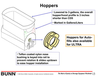 13© 2001 Bunn-O-Matic Corporation. All rights reserved. Confidential material.
Hoppers
• Lowered to 3 gallons, the overall
hopper/hood profile is 3 inches
shorter than CDS
• Marked in Gallons/Liters
• Teflon coated nylon nose
bushing is keyed into rail to
prevent rotation & slides up/down
to ease hopper installation
Hoppers for Auto-
fills also available
for ULTRA
 