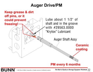 22© 2001 Bunn-O-Matic Corporation. All rights reserved. Confidential material.
Auger Drive/PM
Ceramic
coating
Keep grease & dirt
off pins, or it
could prevent
freezing!
PM every 6 months
 