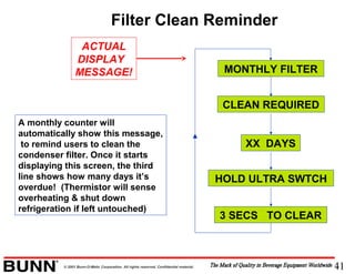 41© 2001 Bunn-O-Matic Corporation. All rights reserved. Confidential material.
Filter Clean Reminder
MONTHLY FILTER
CLEAN REQUIRED
XX DAYS
HOLD ULTRA SWTCH
3 SECS TO CLEAR
A monthly counter will
automatically show this message,
to remind users to clean the
condenser filter. Once it starts
displaying this screen, the third
line shows how many days it’s
overdue! (Thermistor will sense
overheating & shut down
refrigeration if left untouched)
ACTUAL
DISPLAY
MESSAGE!
 