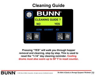 59© 2001 Bunn-O-Matic Corporation. All rights reserved. Confidential material.
CLEANING GUIDE ?
Pressing “YES” will walk you through hopper
removal and cleaning, step by step. This is used to
reset the “1-14” day cleaning reminder. Cooling
drums must also warm up to 50° F to reset counter.
NO YES
Cleaning Guide
 